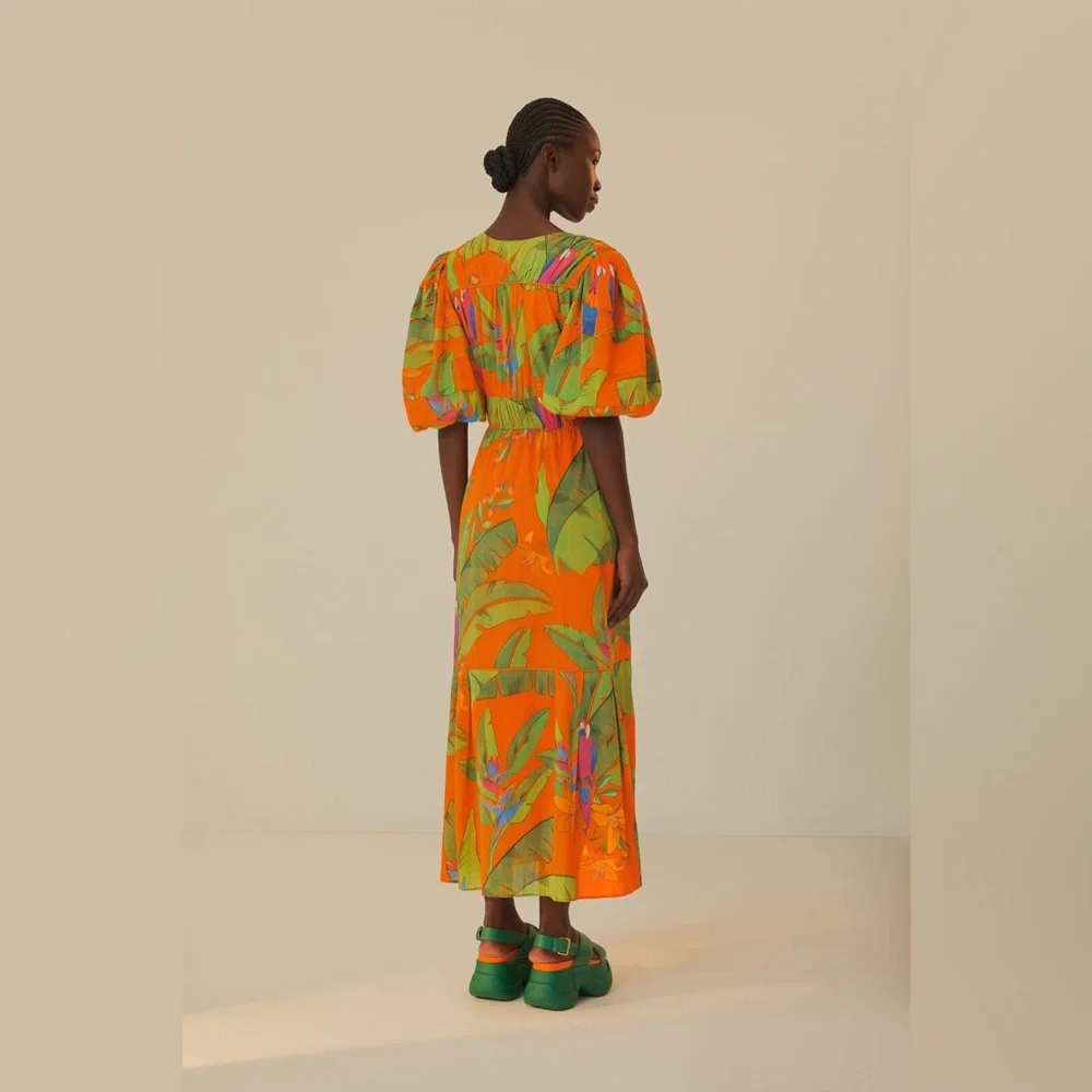 FARM Rio Orange Tropical Maxi Dress with Green Leaf Print - Picture 2 of 4
